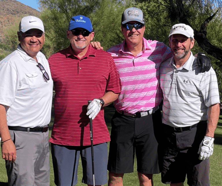 July Greeting From Darrell Darrell and Golfing buds on golf course