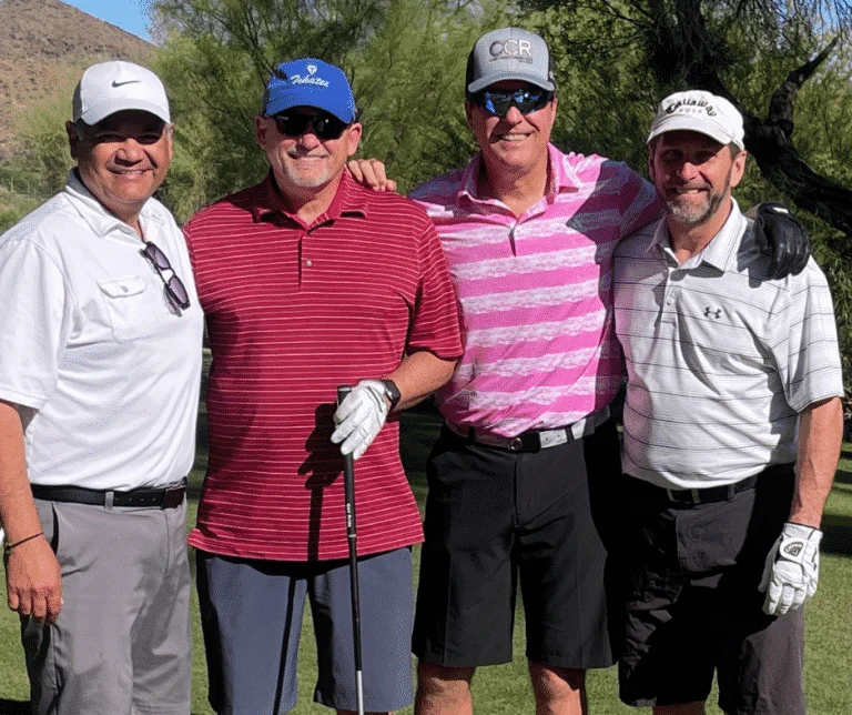 July Greeting From Darrell Darrell and Golfing buds on golf course
